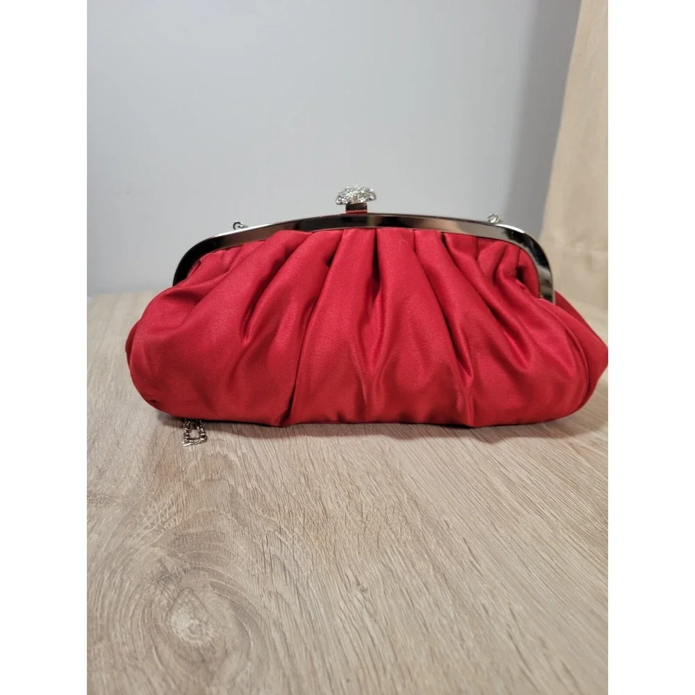 Lulu Townsend Red Clutch w/ Rhinestone Clasp & Chaine strap Purse Night Bag